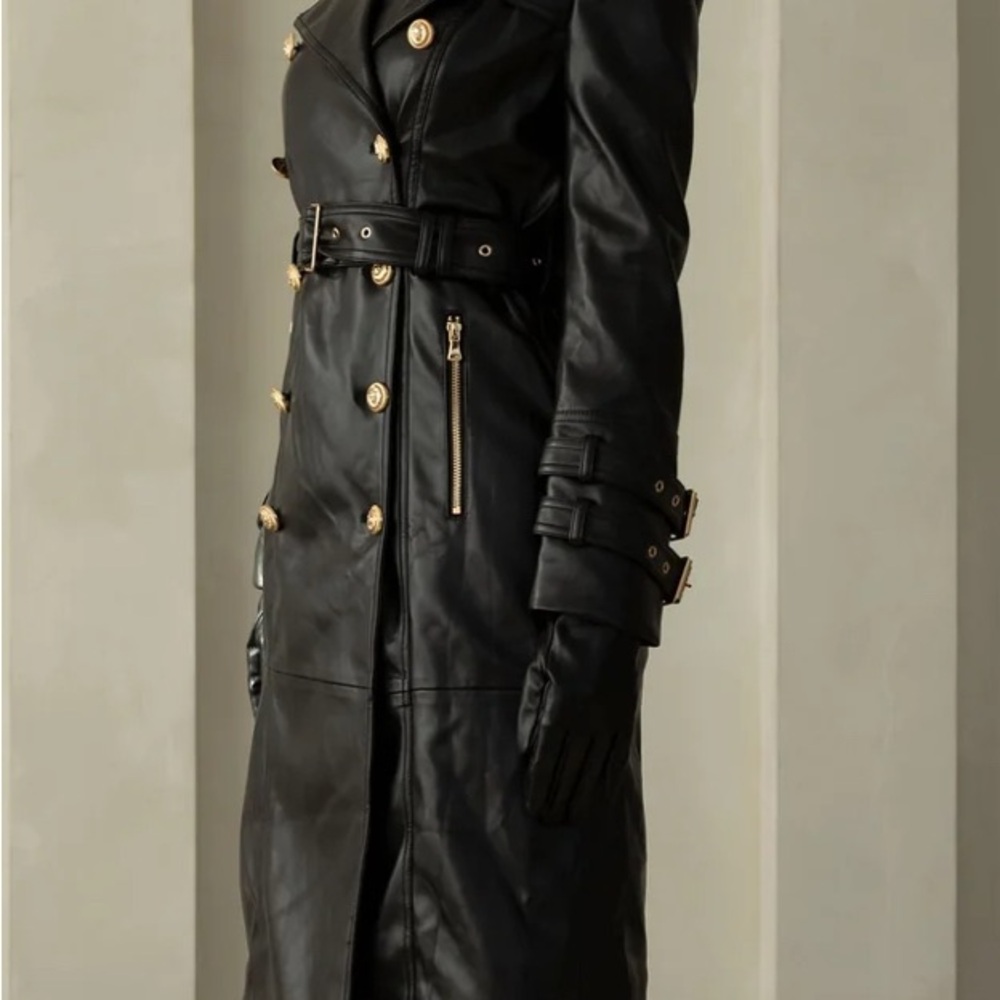 Elegant Black Leather Trench Coat - Picture 2 of 5